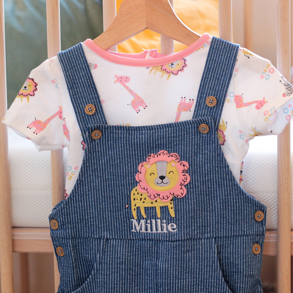 Personalised Baby Lion Dungarees Set For Girl