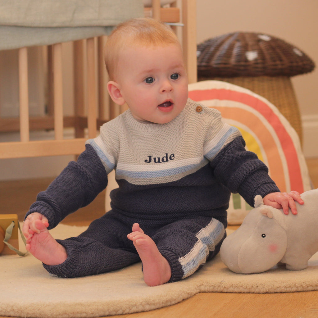 Personalised Blue Knitted Two Piece Baby Clothes