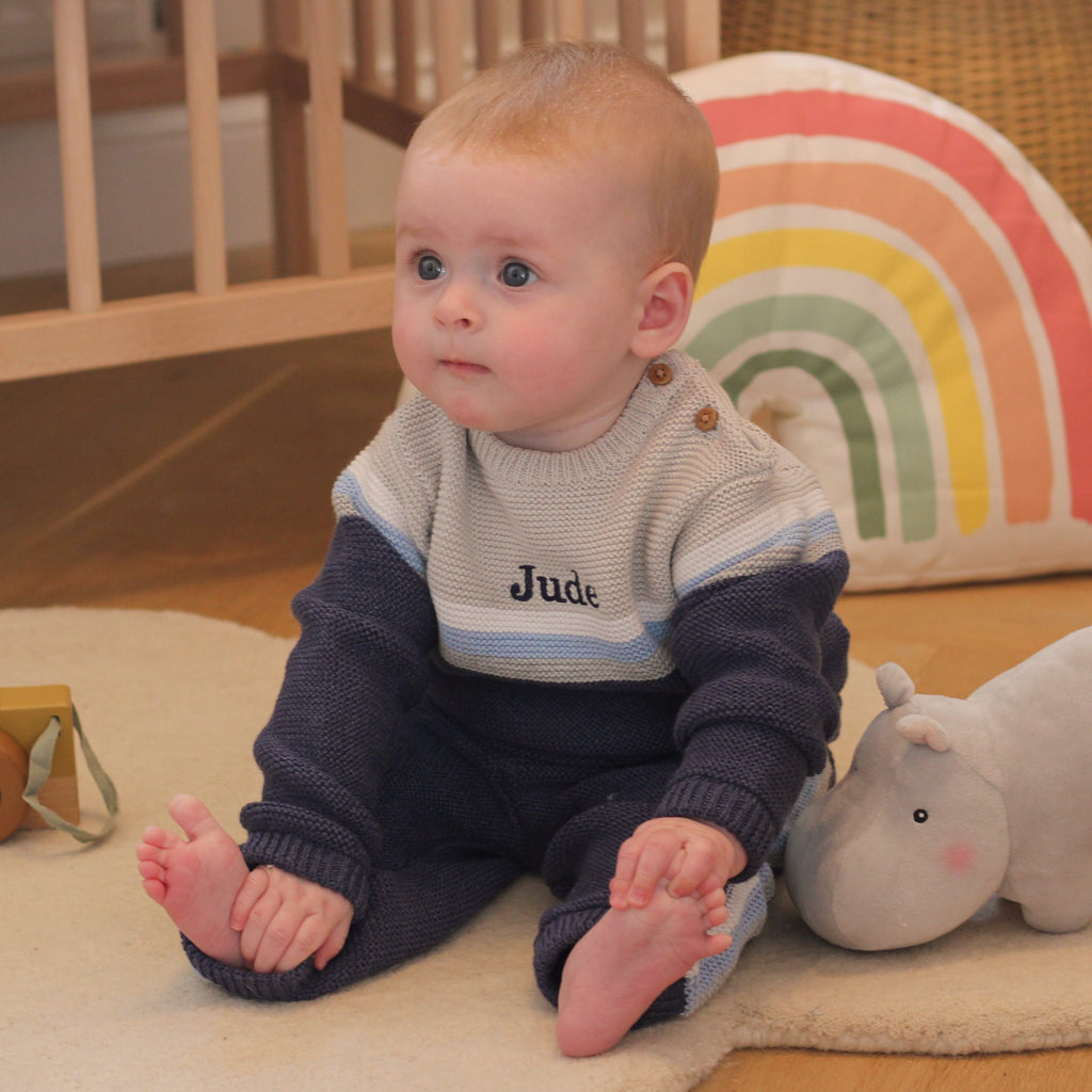 Personalised Blue Knitted Two Piece Baby Clothes