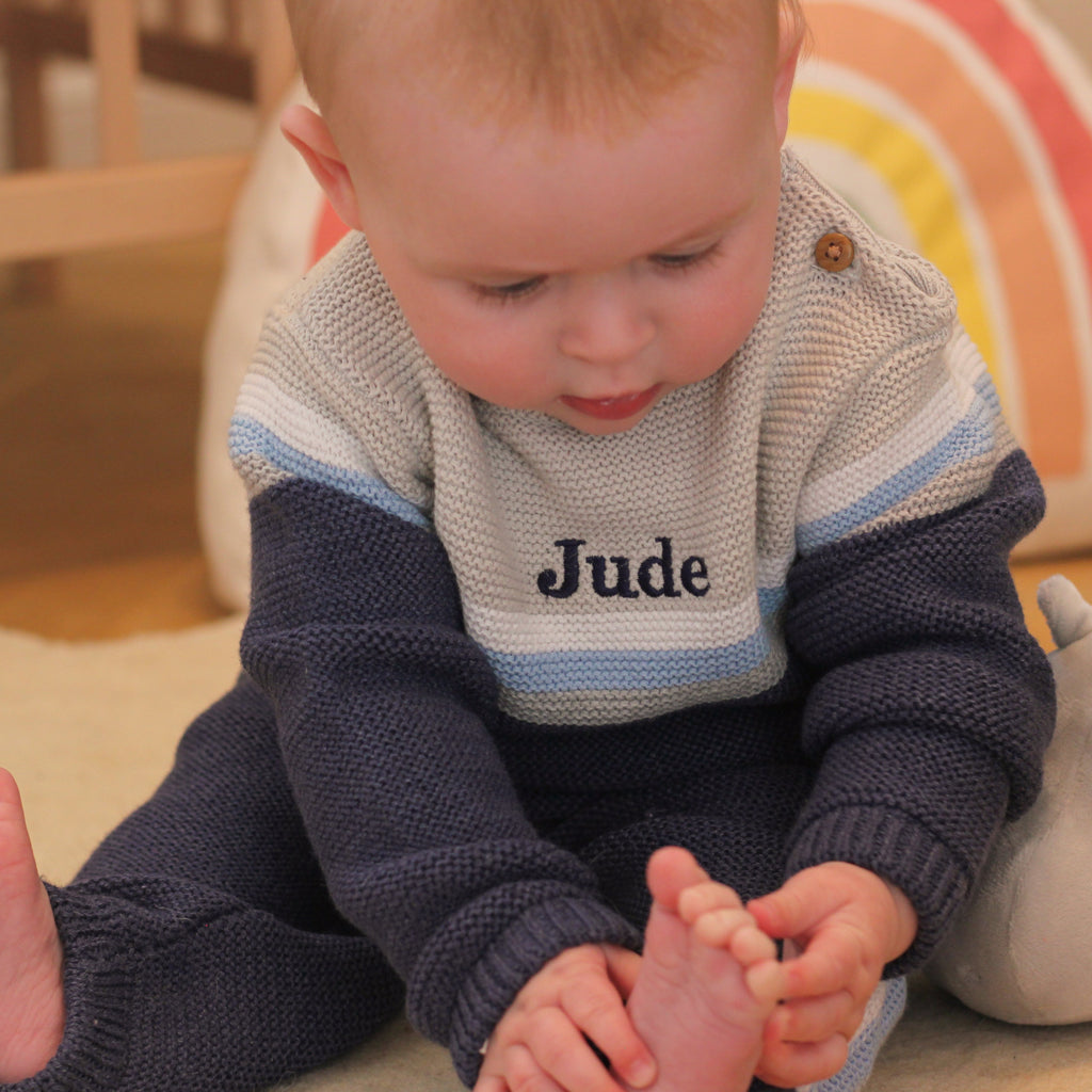 Personalised Blue Knitted Two Piece Baby Clothes