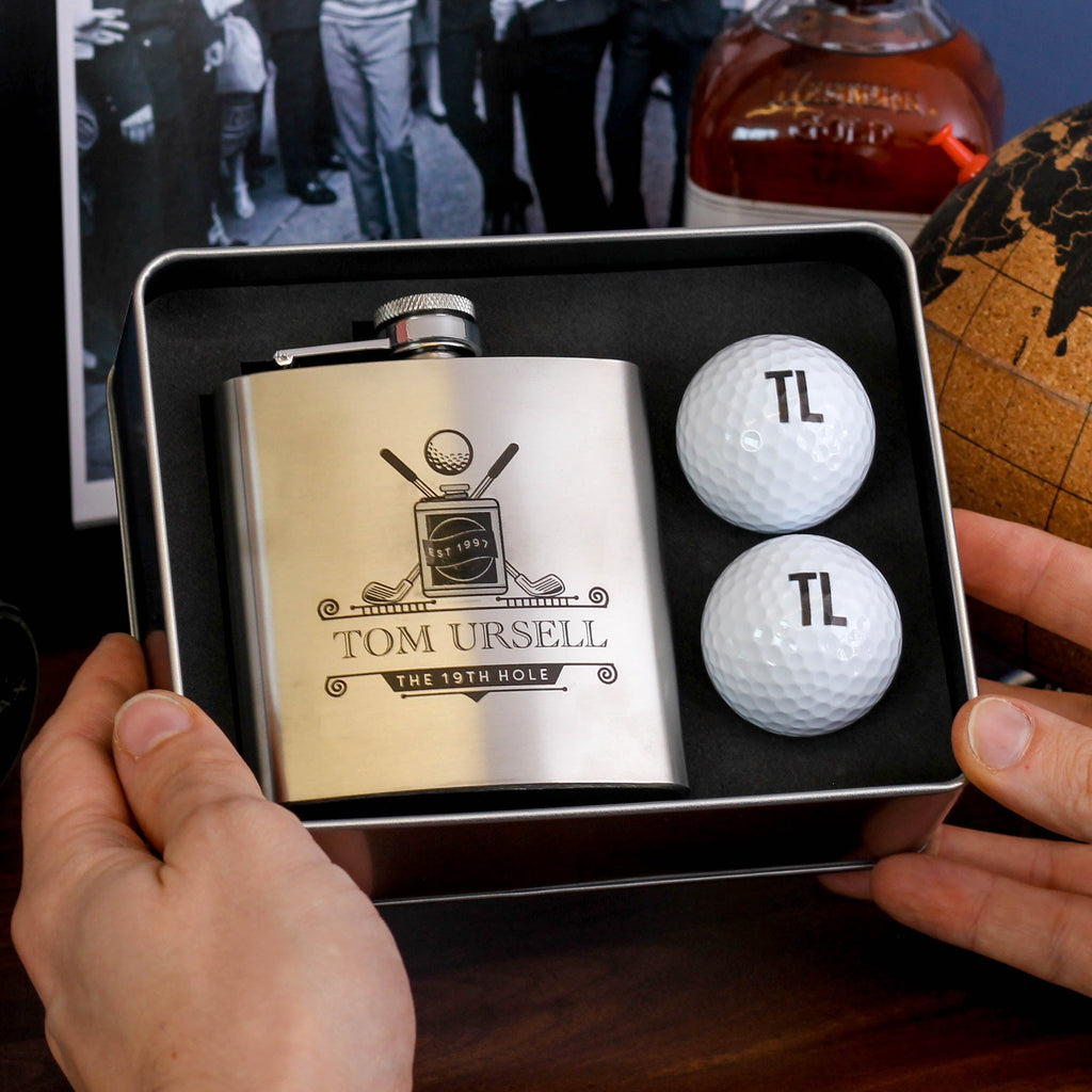 Personalised Golf Balls And Tin 19th Hole Hip Flask