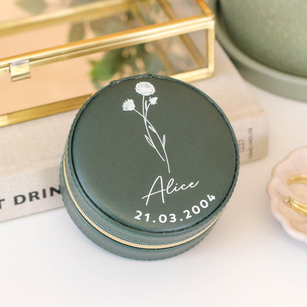 Personalised Birth Flower Travel Jewellery Case