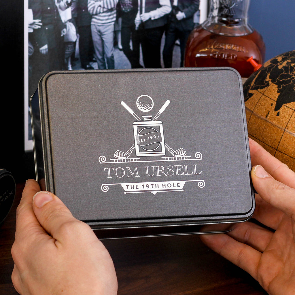 Personalised Golf Balls And Tin 19th Hole Hip Flask