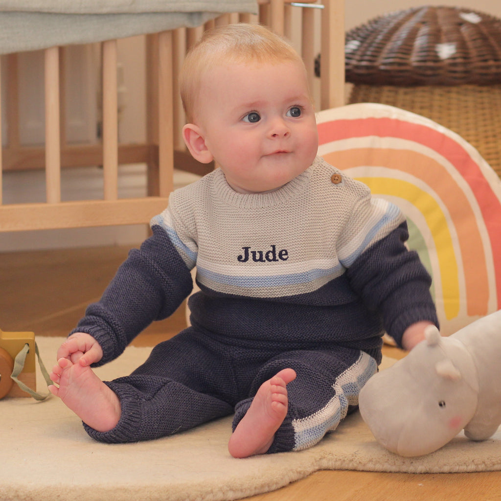 Personalised Blue Knitted Two Piece Baby Clothes