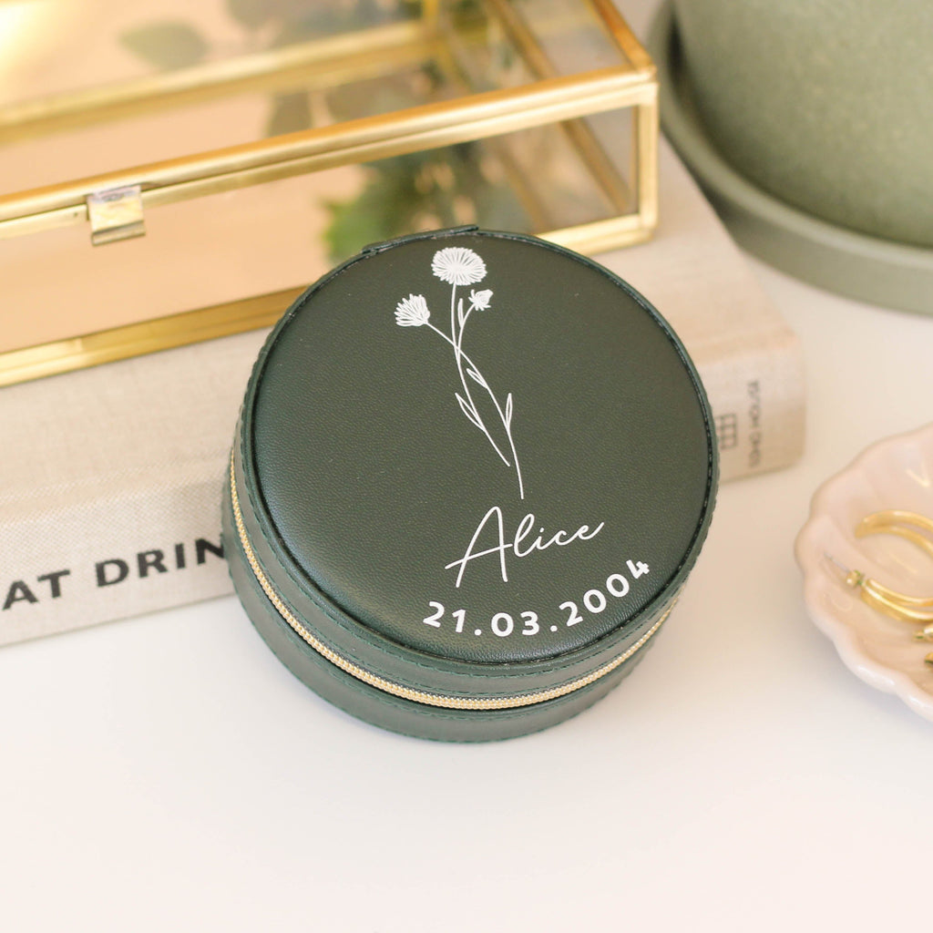 Personalised Birth Flower Travel Jewellery Case