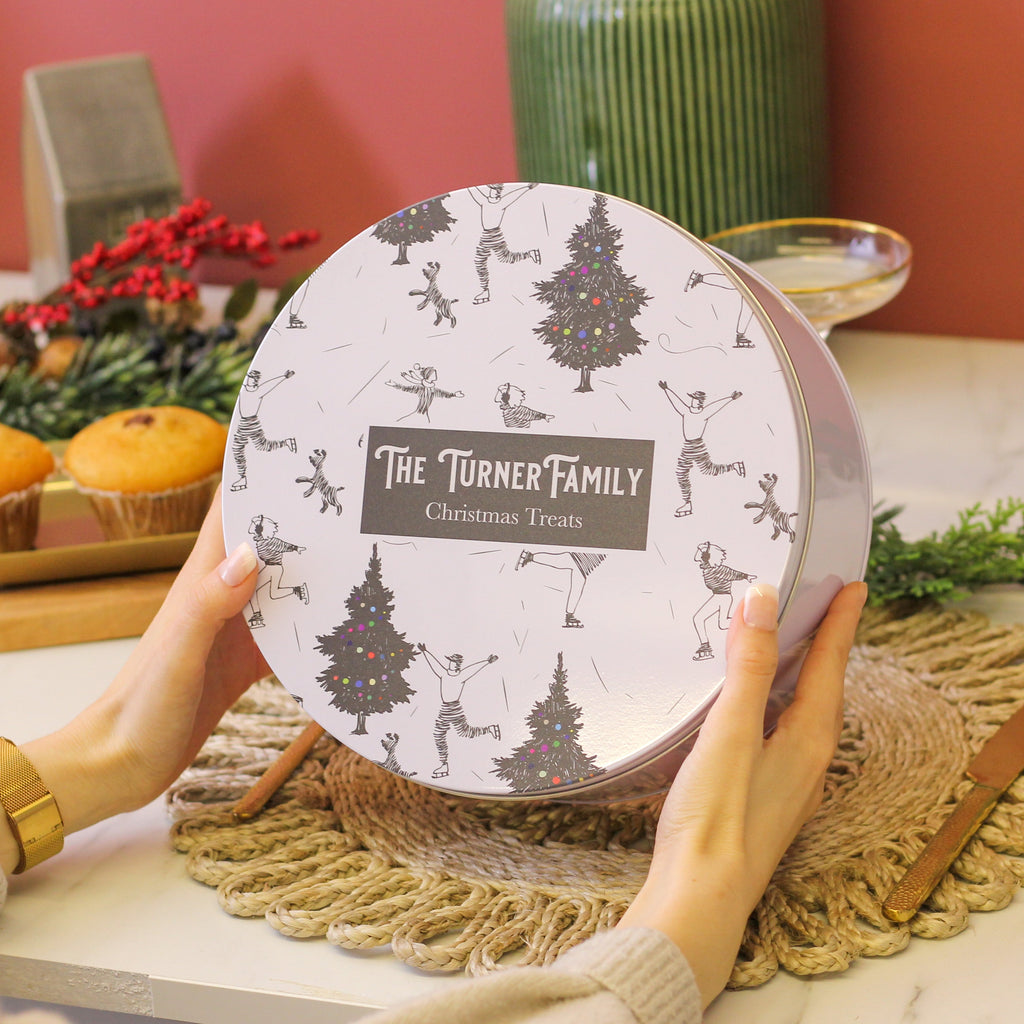 Personalised Black And White Family Christmas Cake Tin