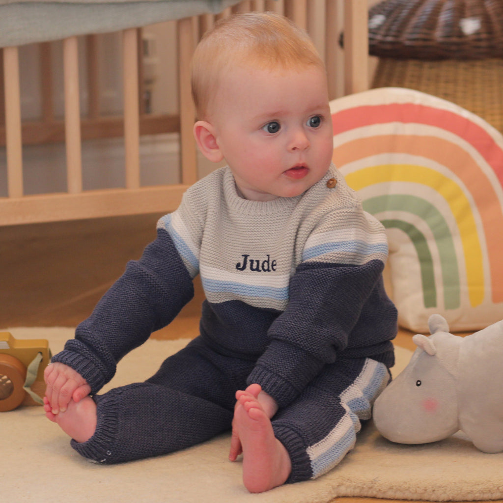 Personalised Blue Knitted Two Piece Baby Clothes