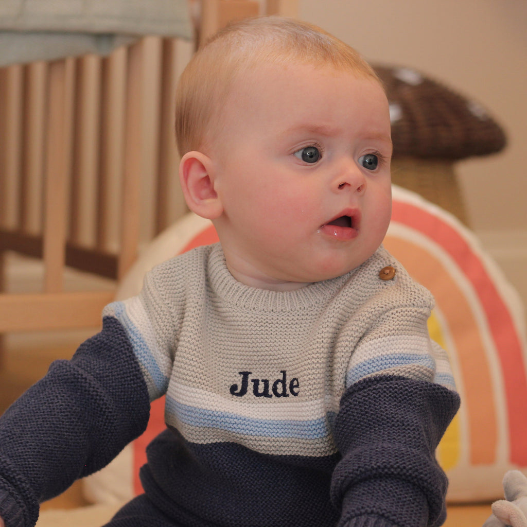 Personalised Blue Knitted Two Piece Baby Clothes