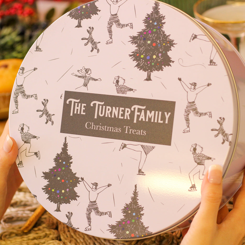 Personalised Black And White Family Christmas Cake Tin