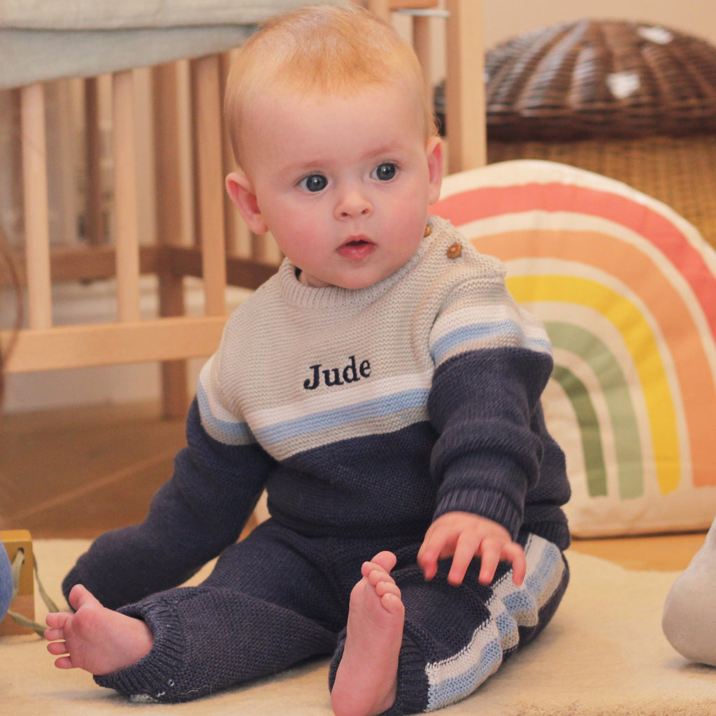 Personalised Blue Knitted Two Piece Baby Clothes