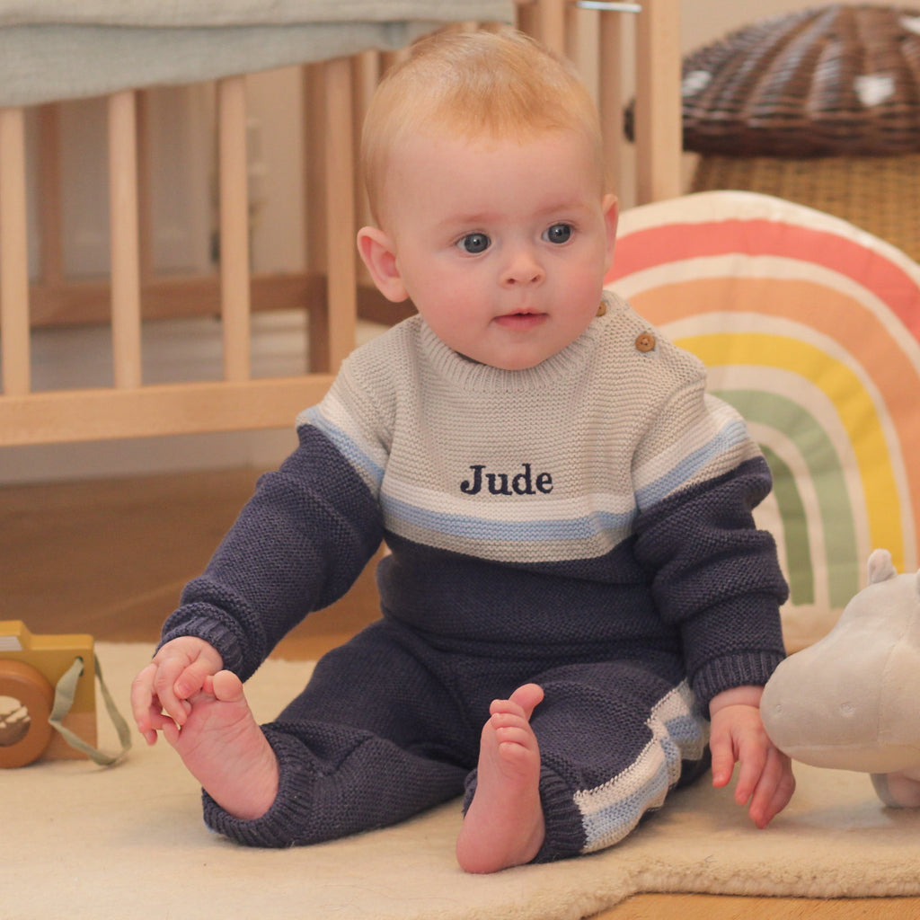 Personalised Blue Knitted Two Piece Baby Clothes