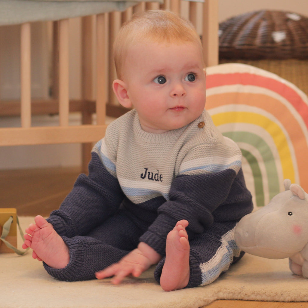 Personalised Blue Knitted Two Piece Baby Clothes