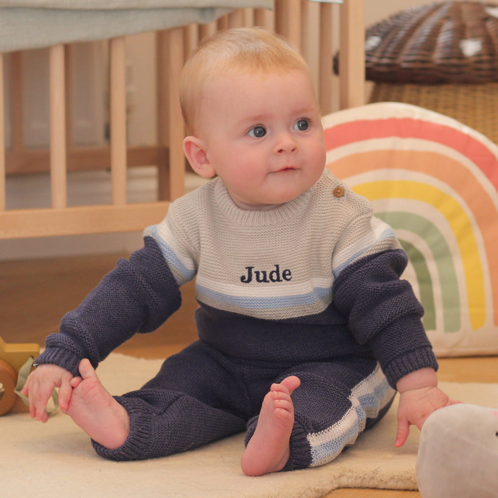 Personalised Blue Knitted Two Piece Baby Clothes