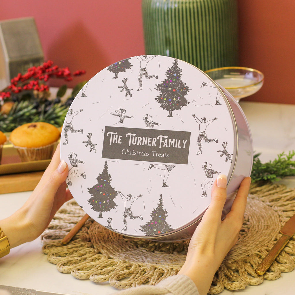 Personalised Black And White Family Christmas Cake Tin